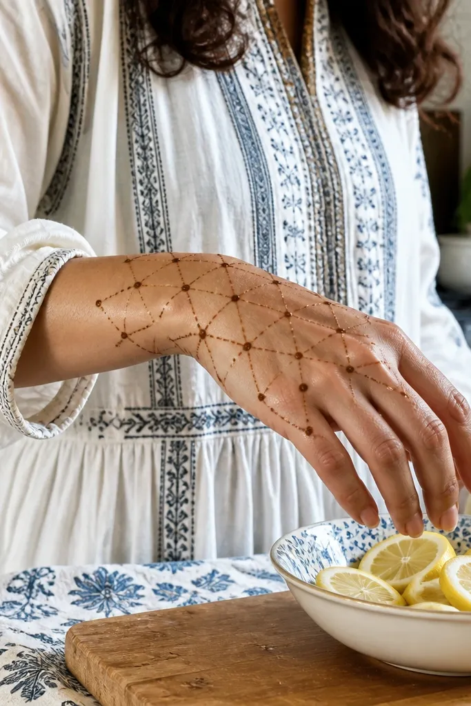Back hand mehndi with dotted triangle motifs and a thin wrist line