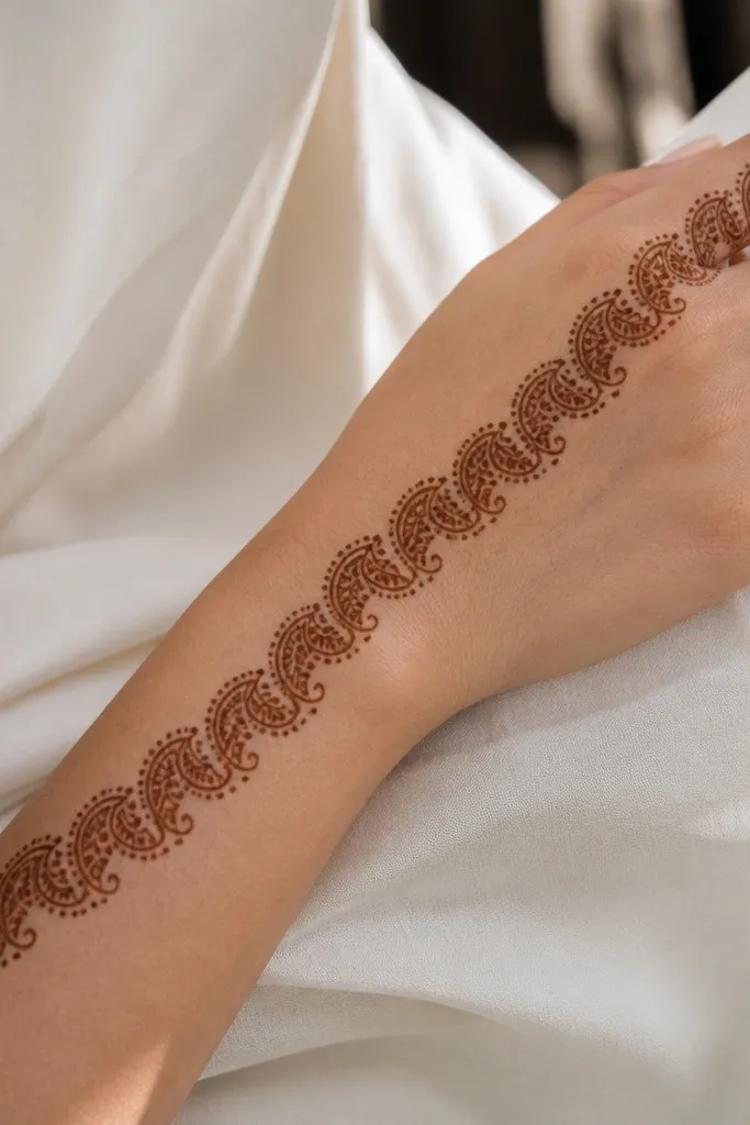 Mehndi fringe of small paisleys from wrist up to knuckle area