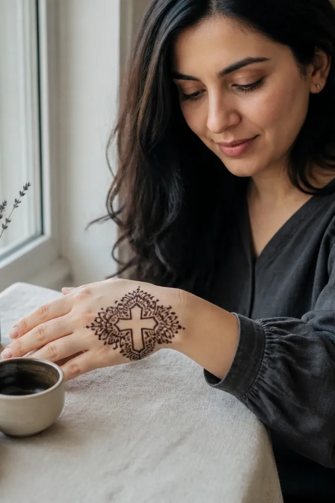 Back hand mehndi with a cross-shaped negative space and small side petals