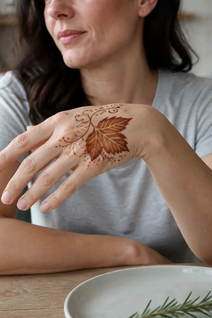 Back hand mehndi with thin floral vine and one large bold leaf near center