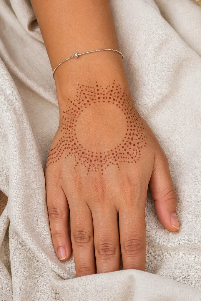 Dot halo mandala near wrist with tiny wave lines across sides
