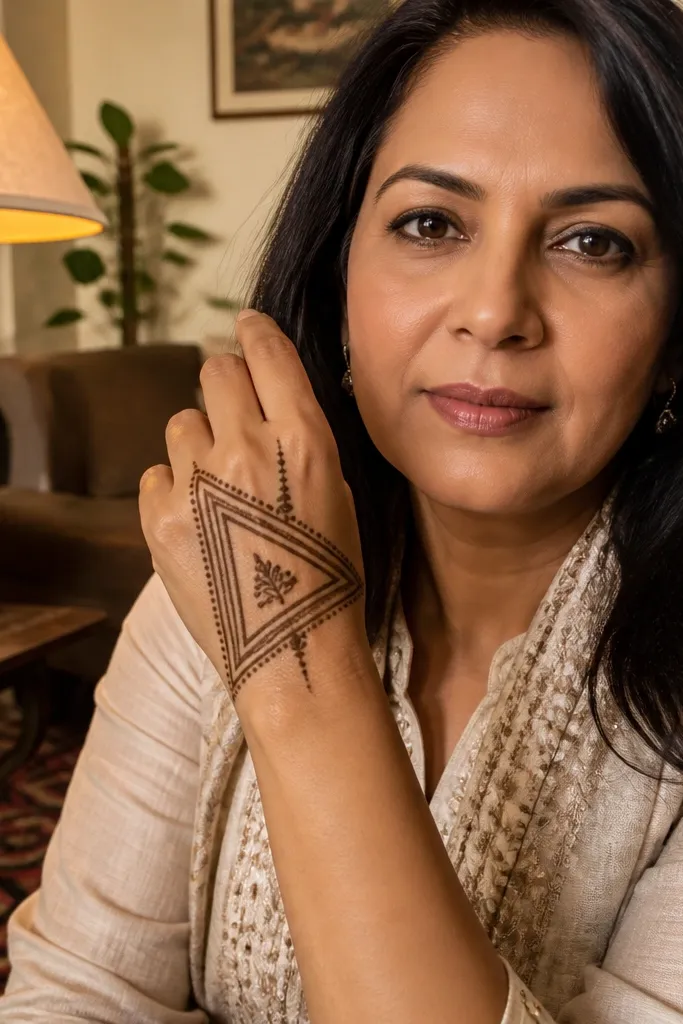 Back hand mehndi with two triangle frames and a small seed in the center