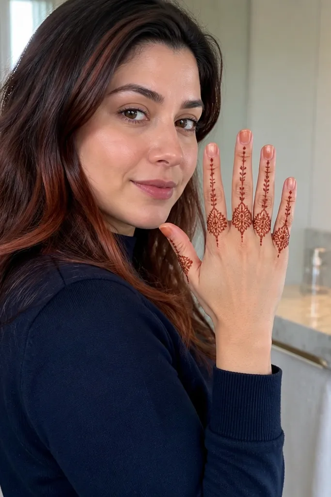 Micro floral motifs at finger bases with a single central stem on back hand