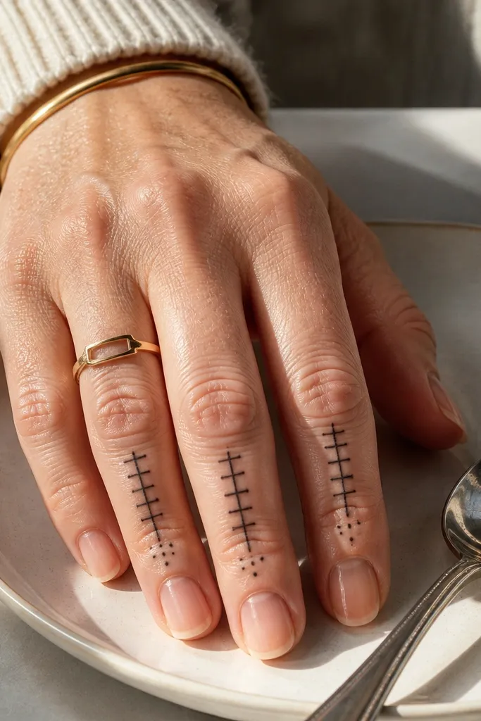 Three fingers have small ladder-like stripes with dots at the base.
