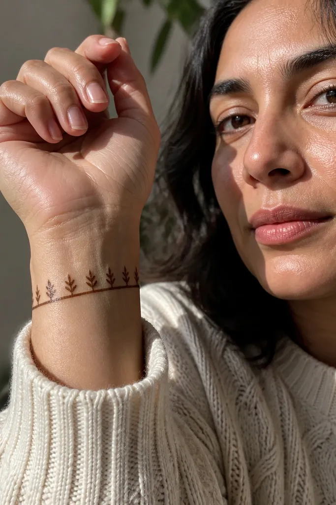 A thin wrist band with small alternating arrow shapes pointing upward.