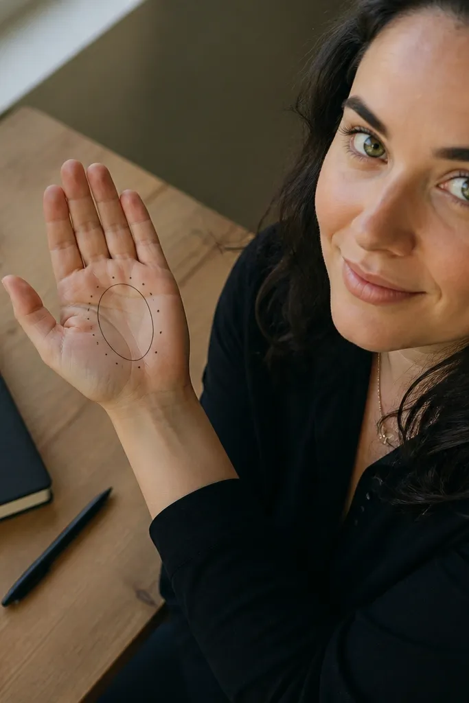 An oval outline in the palm with small dots inside and a thin wrist band.