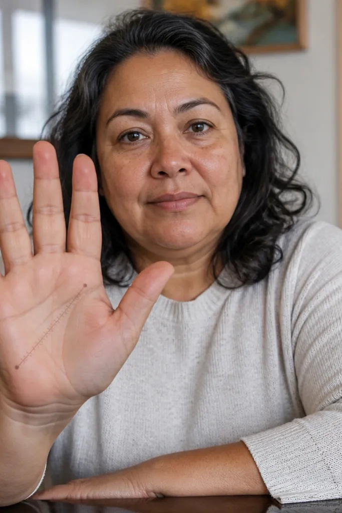 A thin diagonal crosshatch strip across the palm with small dots at ends.