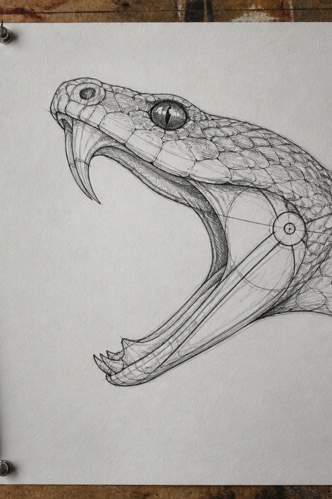 Front view snake head with mouth open and a clear jaw hinge line