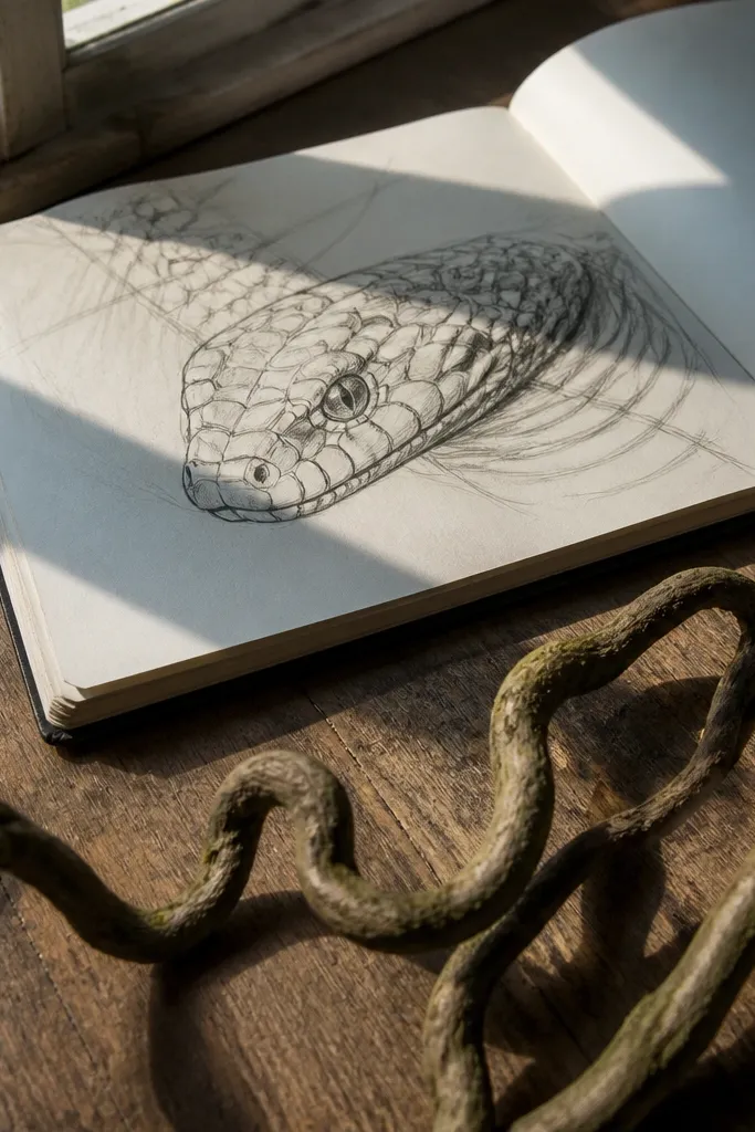 Snake head in a forward strike pose with stretched scale lines on the snout