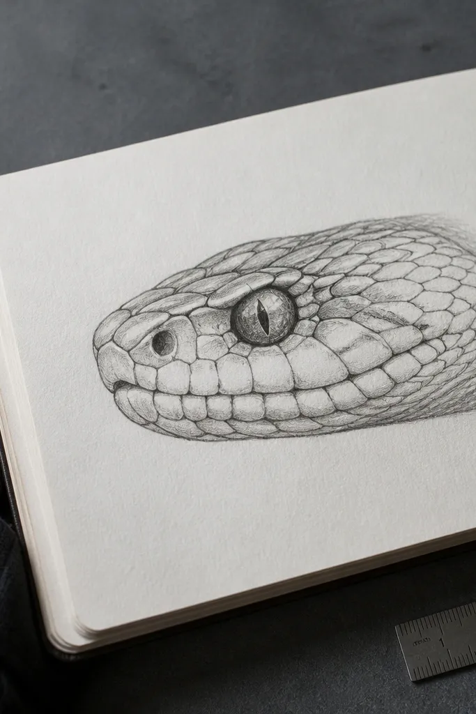 Monochrome snake head sketch with clear scale row rhythm