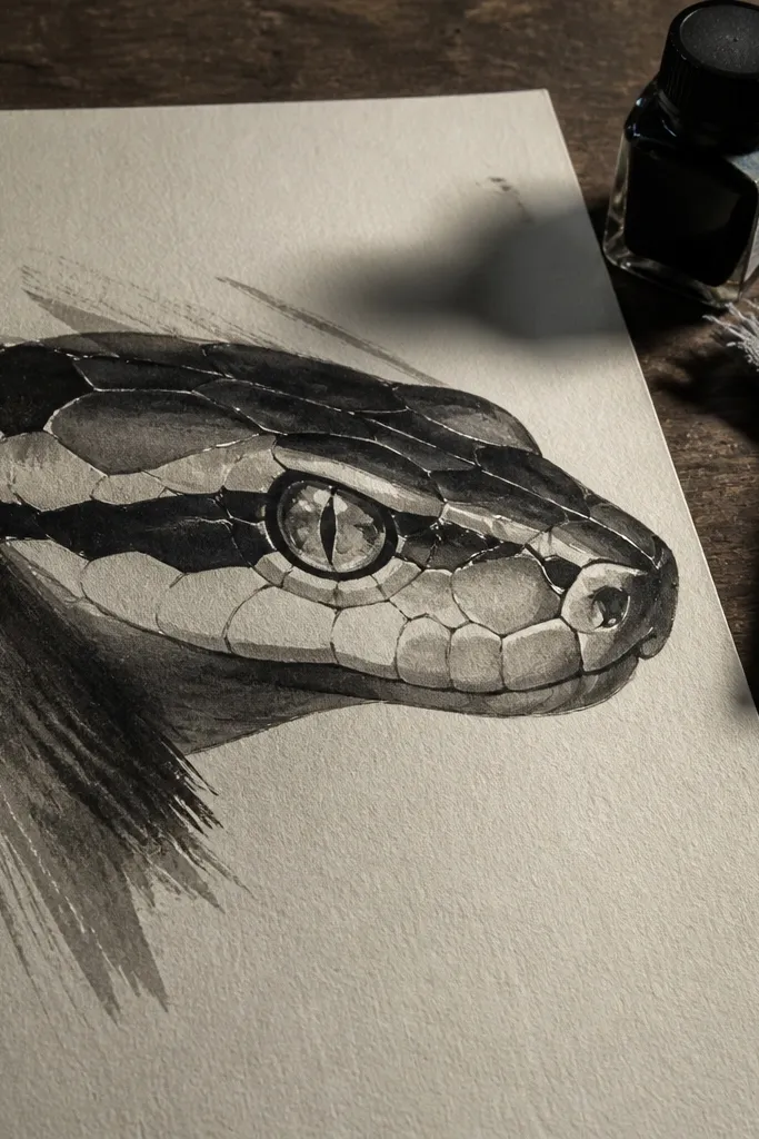 Ink snake head with split-tone shading on the face planes