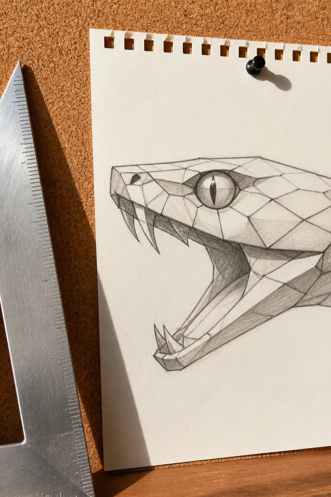 Angular stylized snake head with sharp jaw and geometric planes