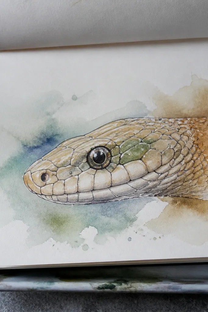 Watercolor snake head with soft wash and crisp line borders on scales
