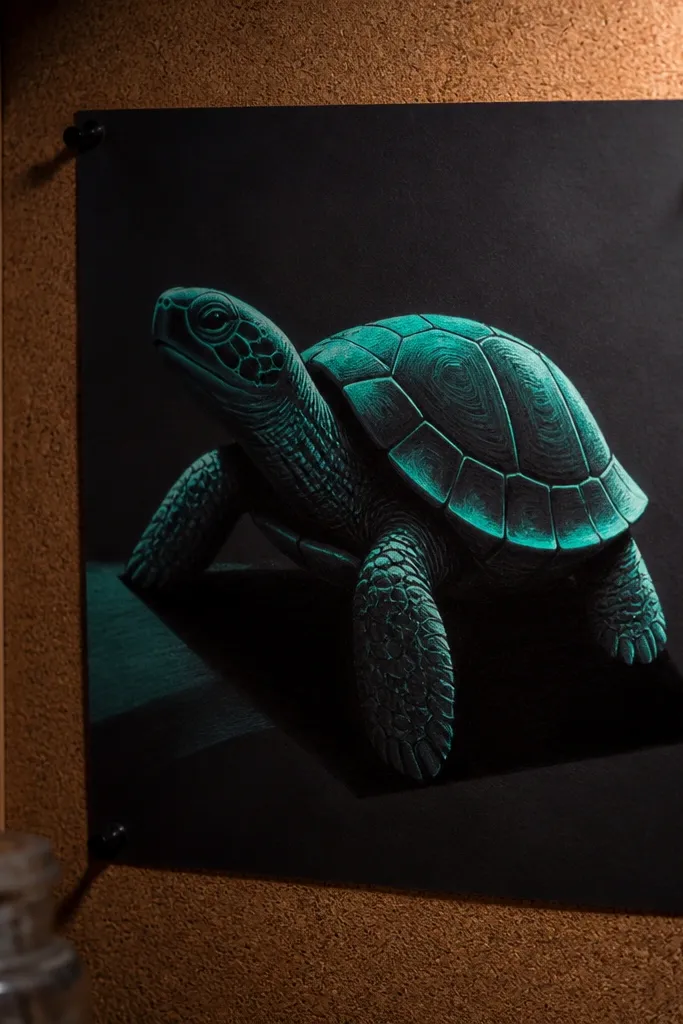 Green turtle with neon teal highlights on a dark background and a bold shadow shape