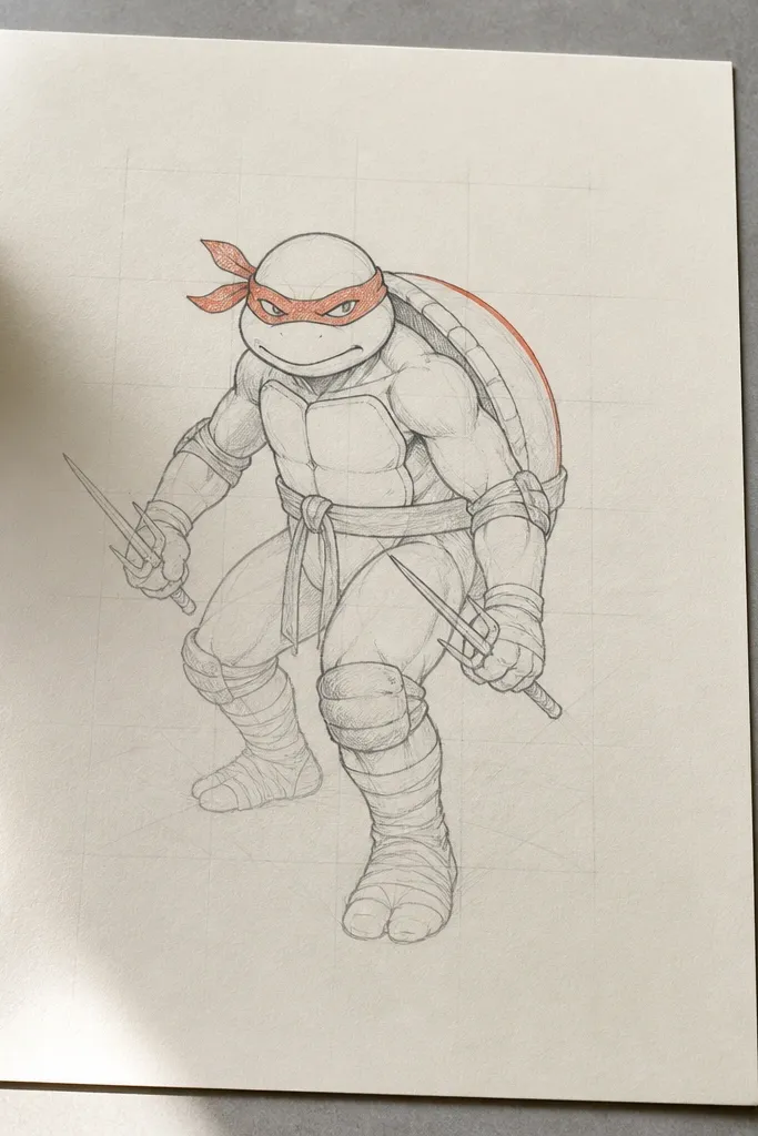 Simple outline turtle drawing with only one bright accent on the mask and shell