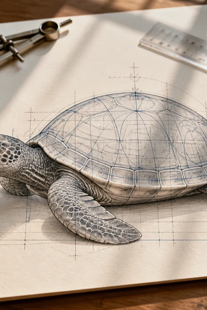 Turtle head and shell drawn like a blueprint with straight grid lines and labeled-style markers