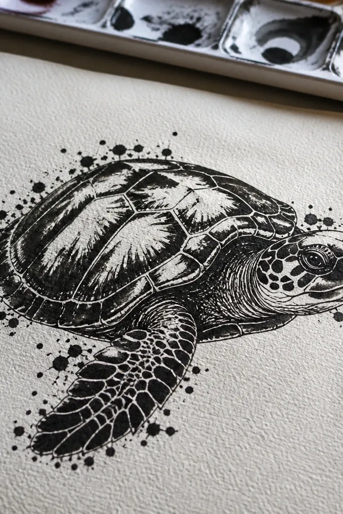 Ink turtle with controlled splatter around the outline and glossy dark shell shadows