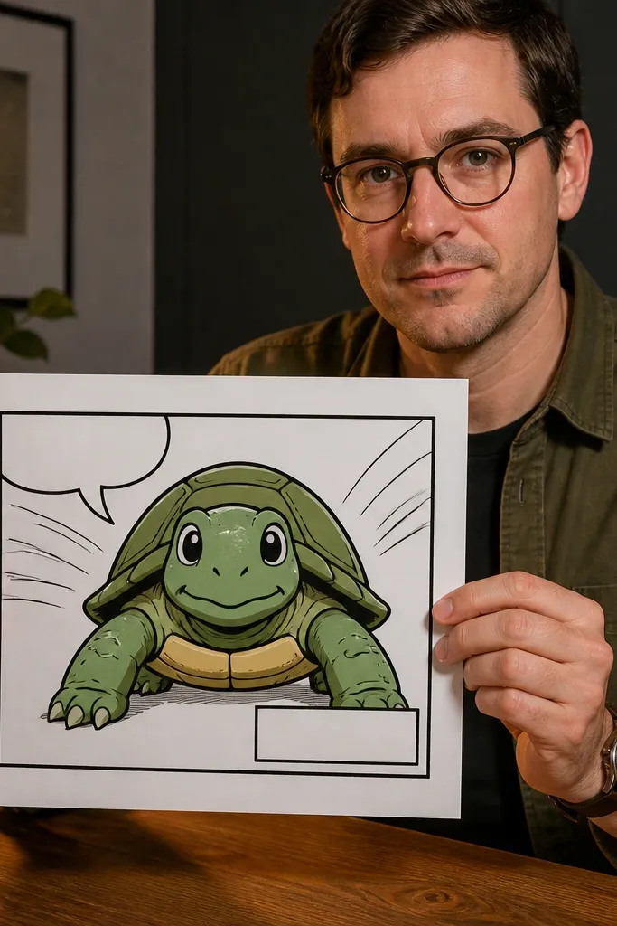 Turtle in a comic panel with thick motion lines and bold speech bubble shapes