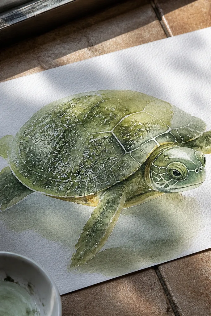 Turtle face and shell with soft watercolor washes and crisp salt crystal texture on shadows