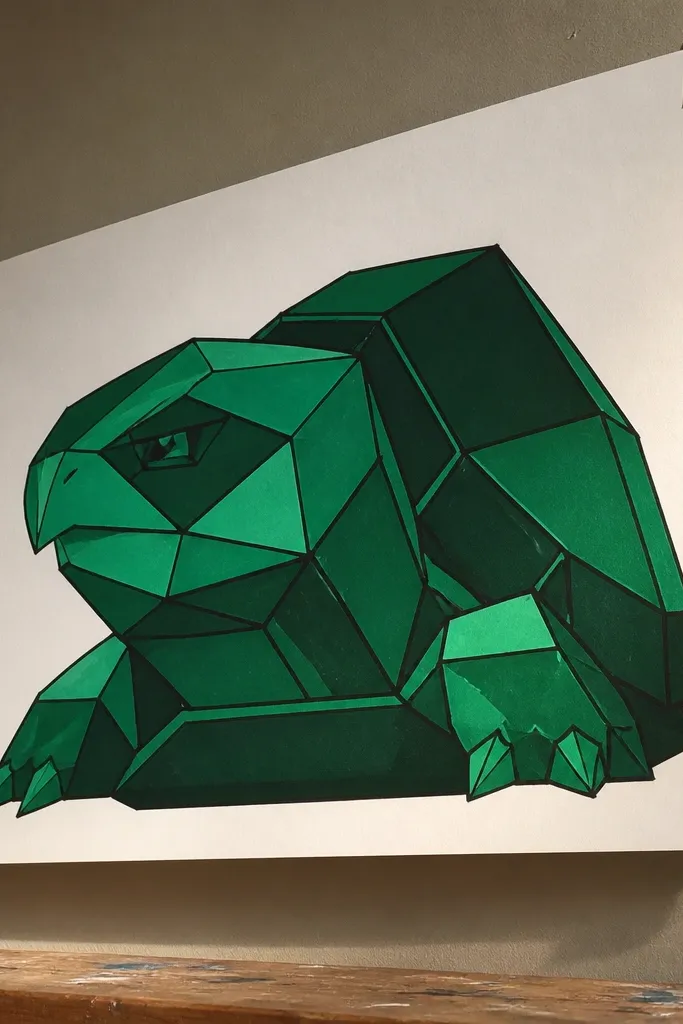 Turtle head with angular geometric facets and sharp shadow planes