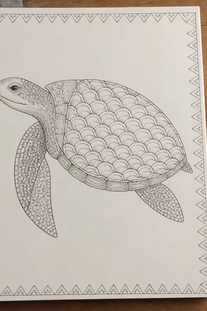 Turtle with neatly repeating shell scales framed by a patterned border