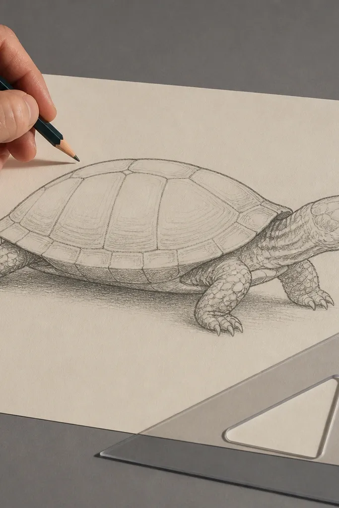 Side profile turtle with a shell rim drawn using a single perspective line