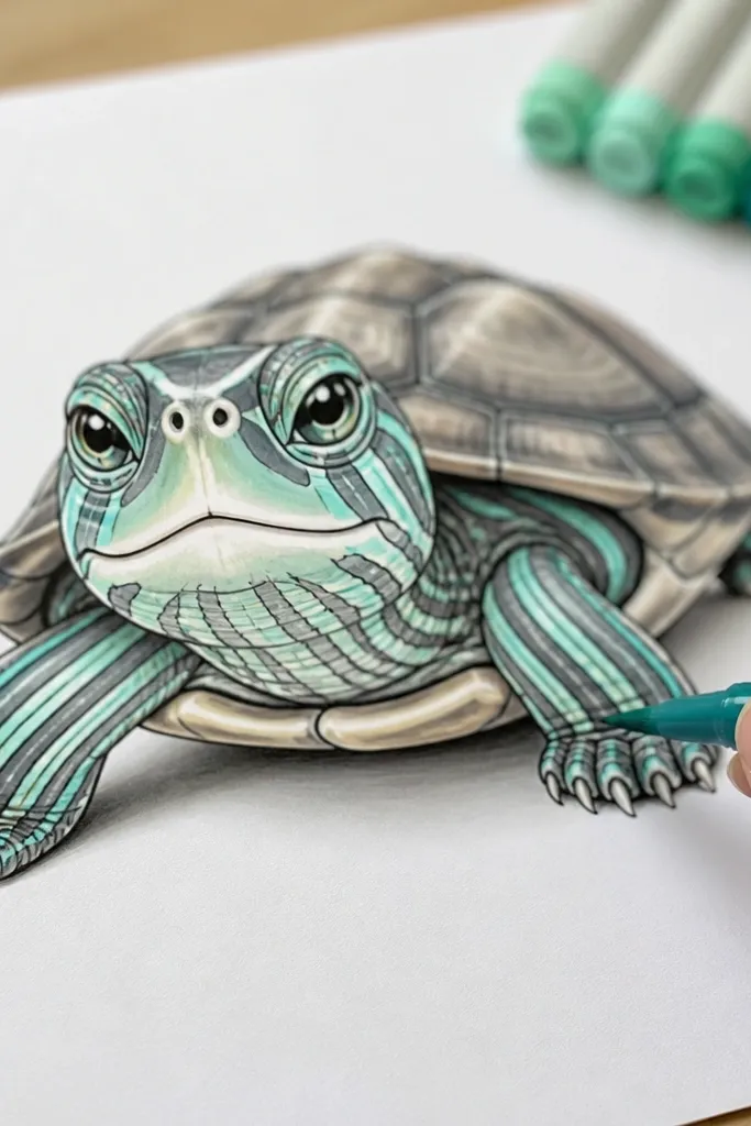 Turtle with smooth ombre mask stripes and controlled marker edges on a clean page