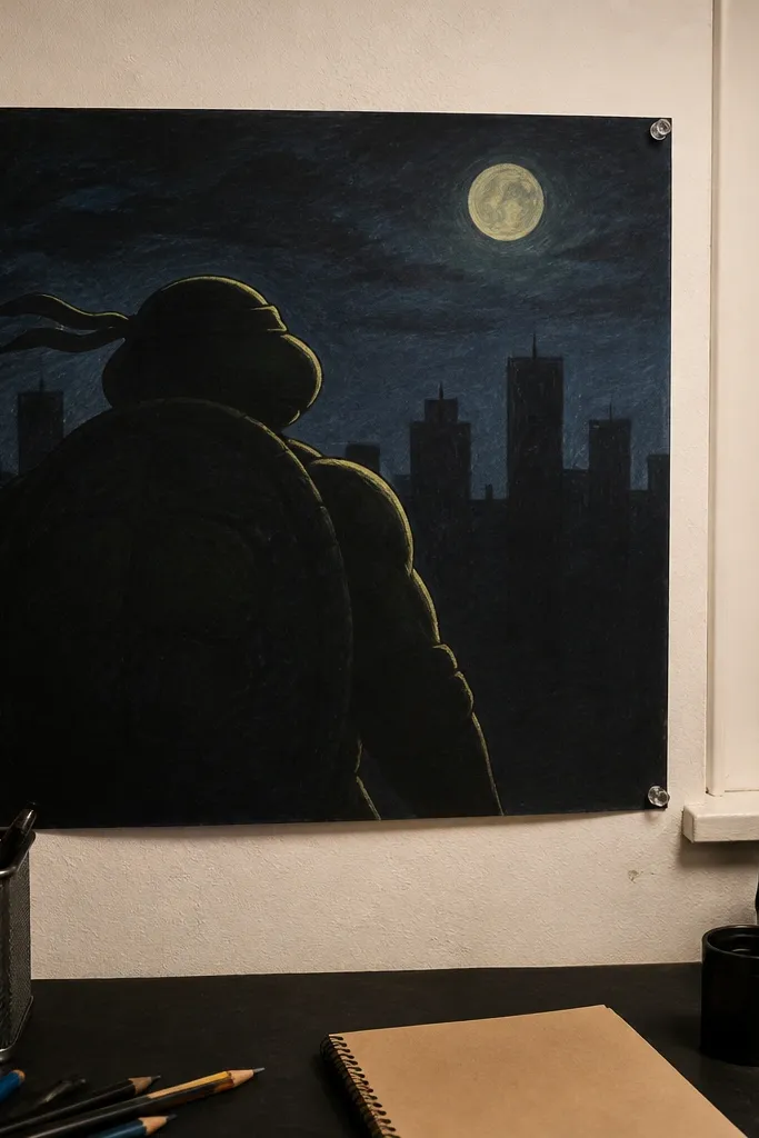 Turtle silhouette with a bright rim light and dark city skyline shapes in the background