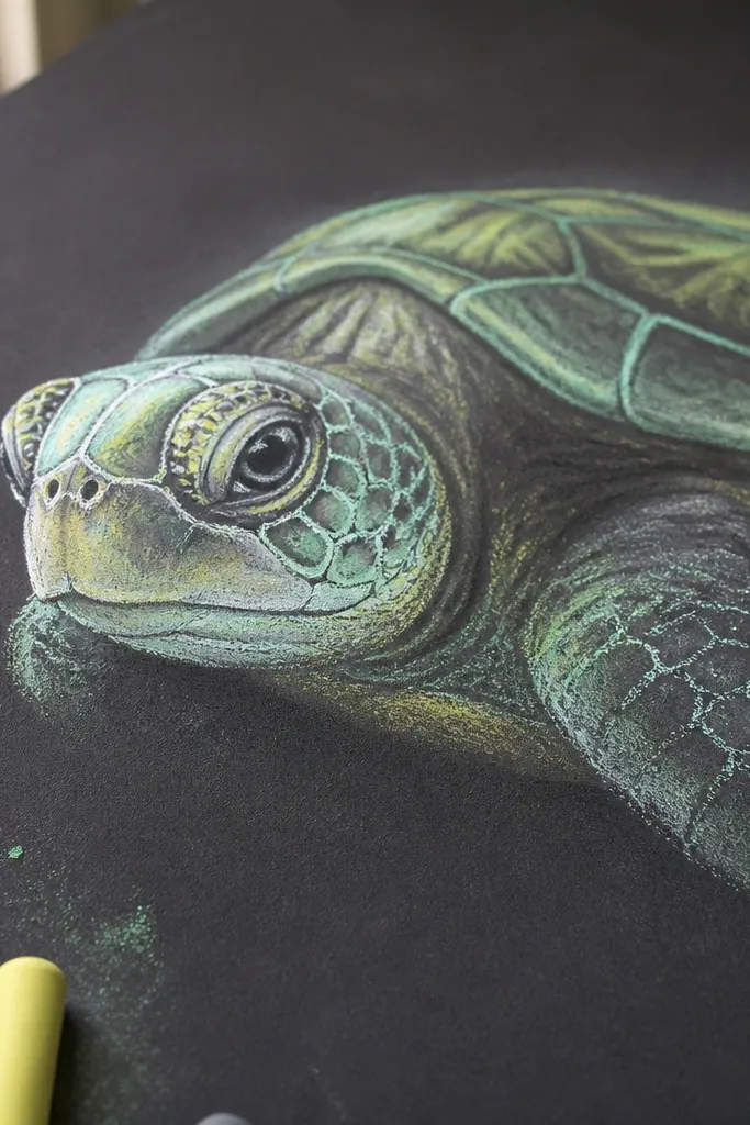 Turtle drawn in chalk on dark paper with bright green highlights and soft gray shadows