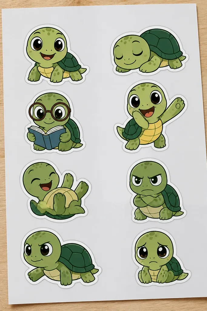 Sheet of turtle stickers with bold die-cut outlines and bright flat colors