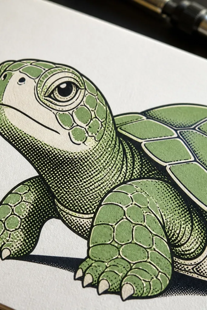 Turtle drawing with halftone dot shading on the shell and smooth solid lines