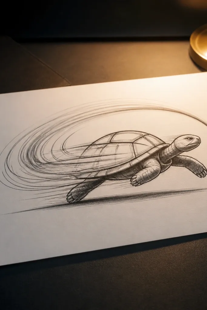 Running turtle with a spiral of speed lines behind it and a clean shadow under feet