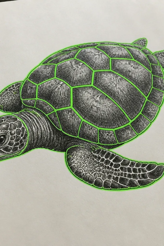 Black and gray ink turtle with a single neon outline around the shell and arms