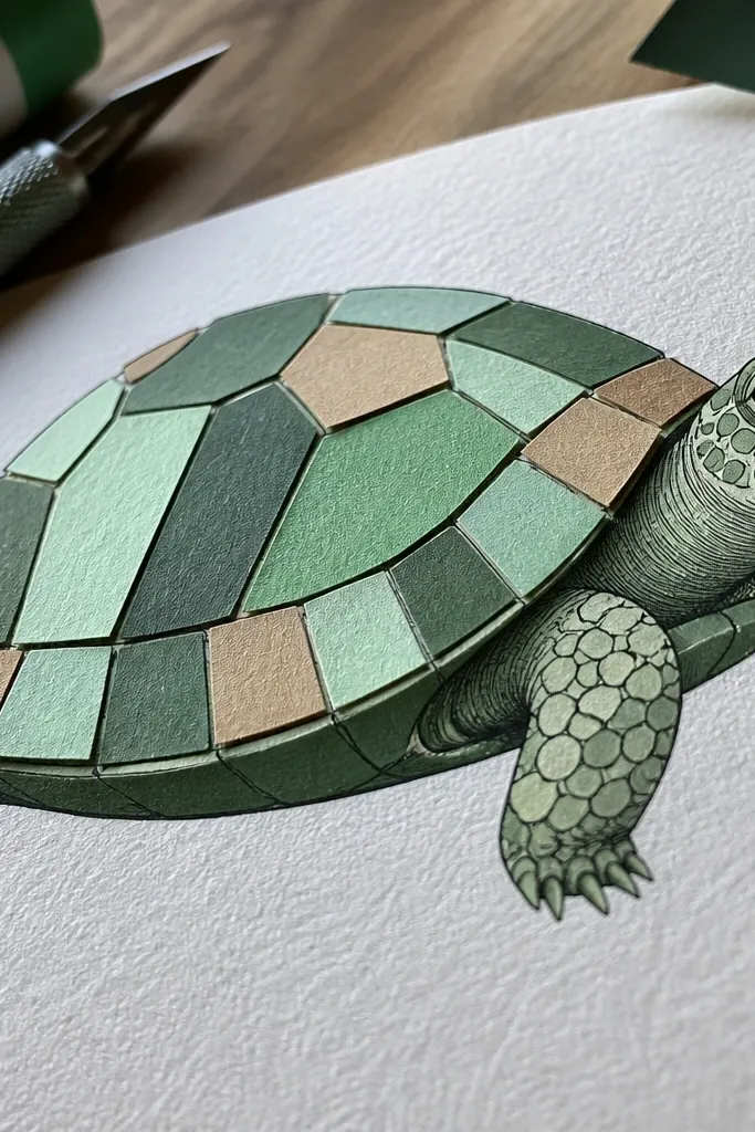 Turtle with paper-cut shell segments and drawn outlines on top of colored paper