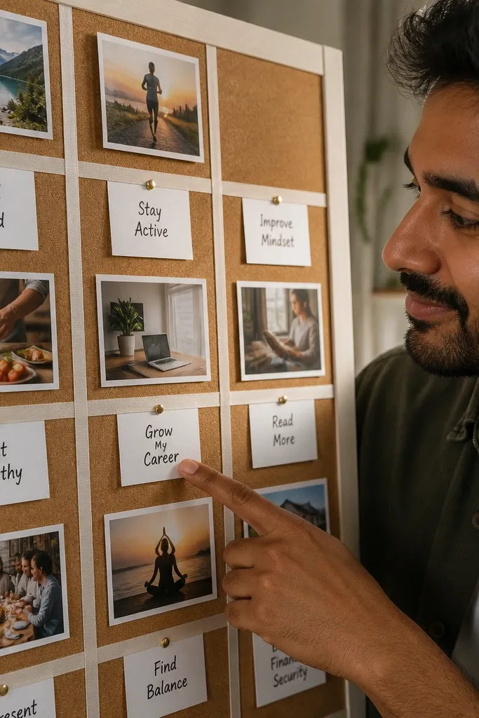 Cork board with a neat fabric ribbon grid and pinned photos