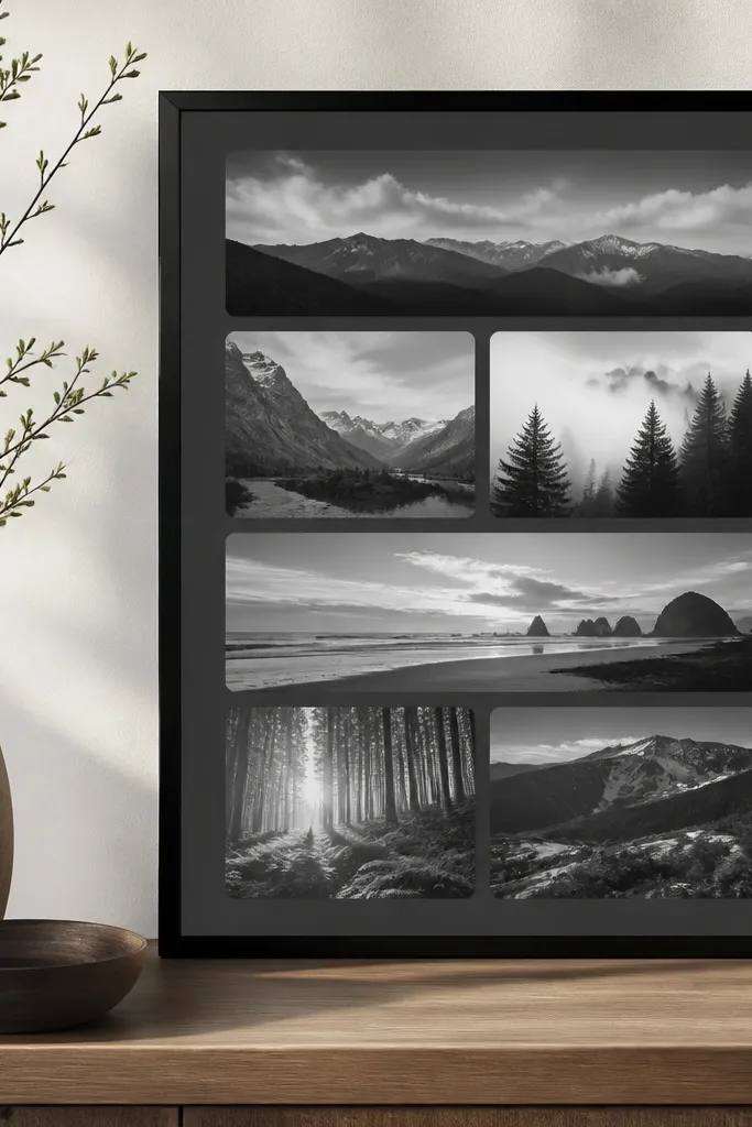 Framed matte board with cutout photos in one color tone