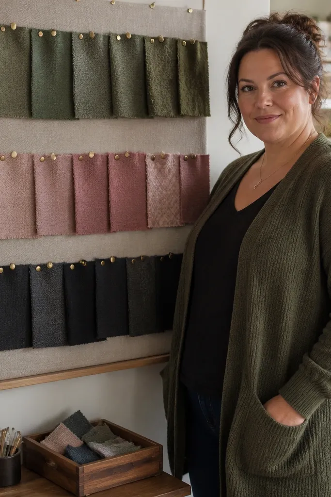 Fabric swatches pinned in rows with handwritten goal tags