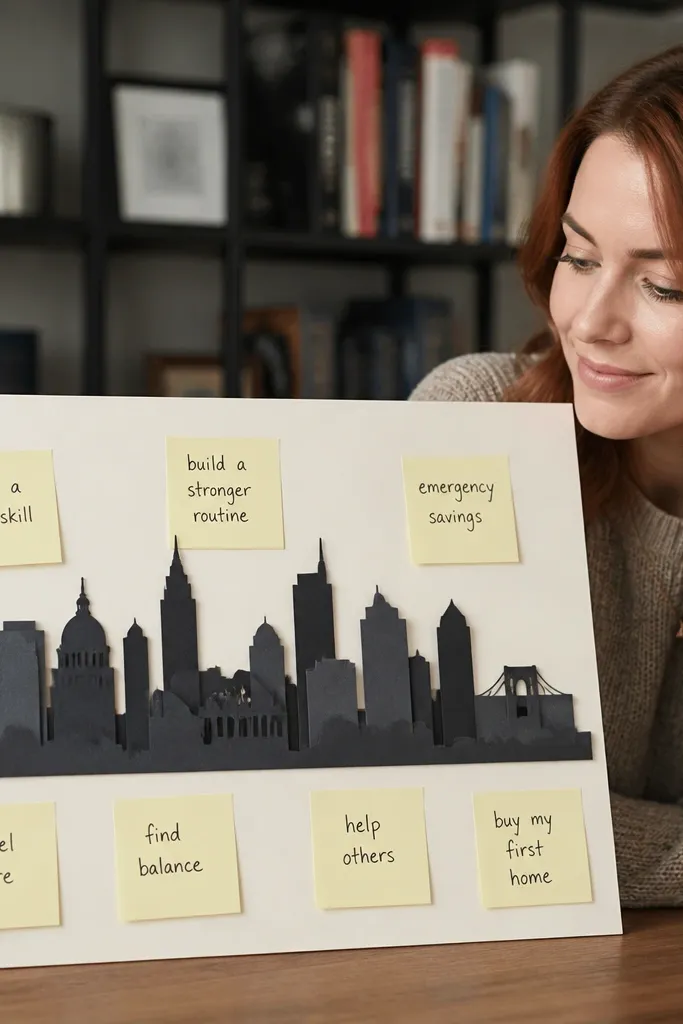 Layered paper skyline with sticky-note goals arranged in neat lines