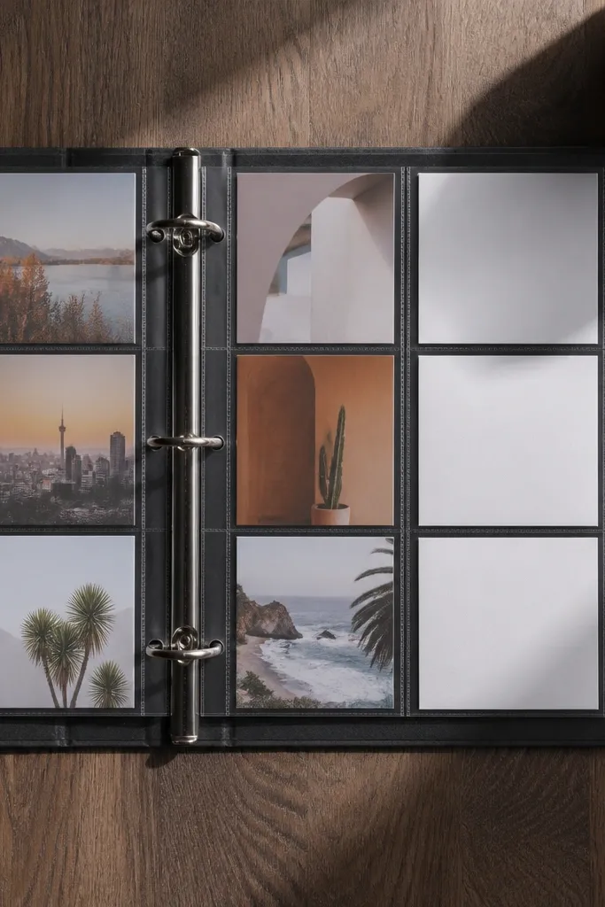 Vision board in a binder with clear plastic overlays and grid layout