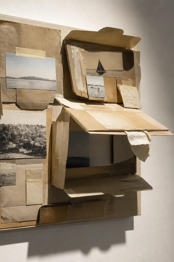 Collage made from stacked box pieces with tape hinges and photos