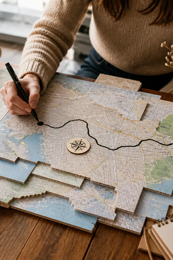 Board with folded map layers, a simple compass sticker, and route lines in ink.