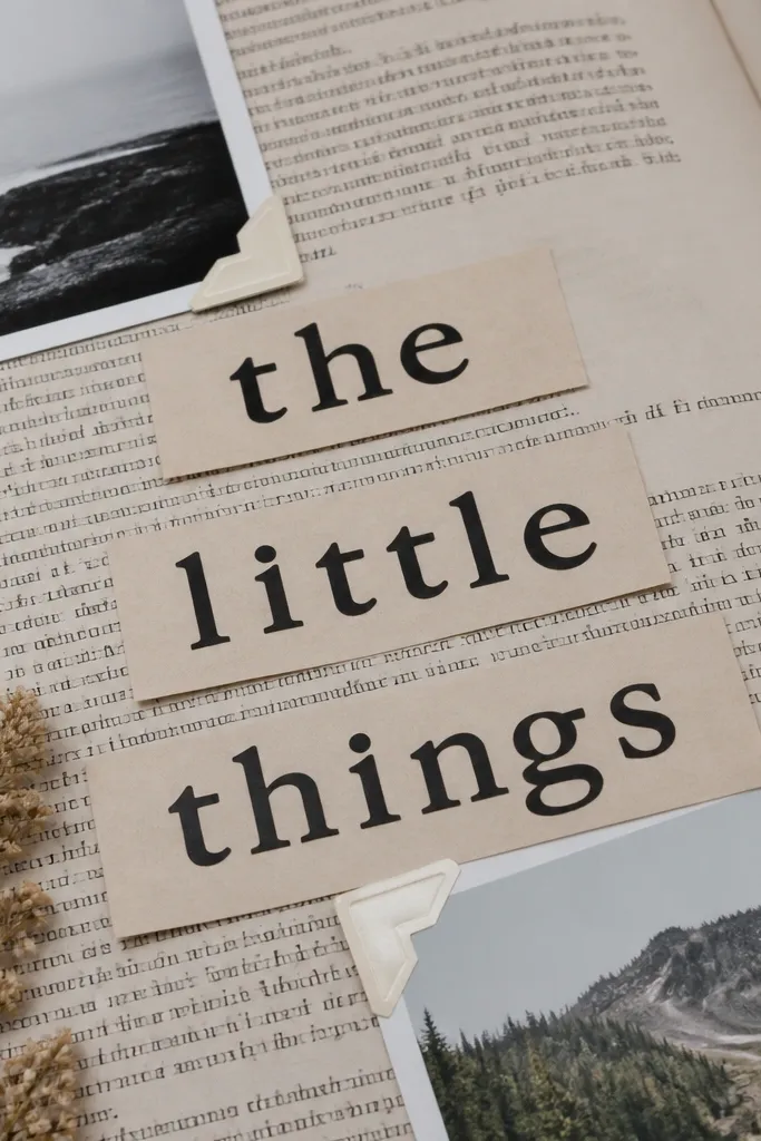 Book page background with bold typed captions and corners holding small images.