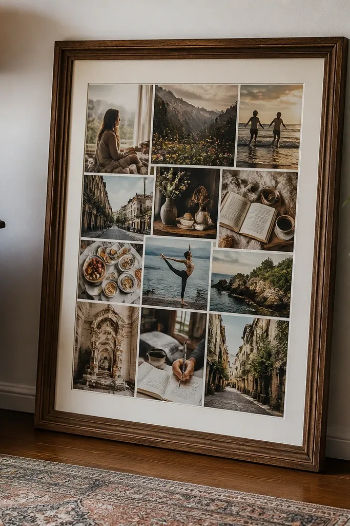 Open picture frame with a mat background, layered cutouts, and neat labels.