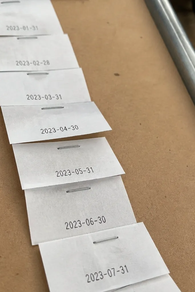 Timeline board with stapled receipt strips and small handwritten dates.