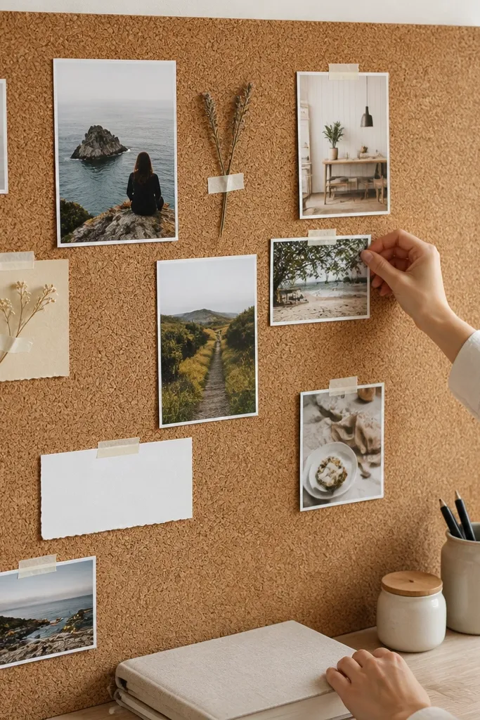 Cork tile with photos pinned using strips of clean masking tape and labels.