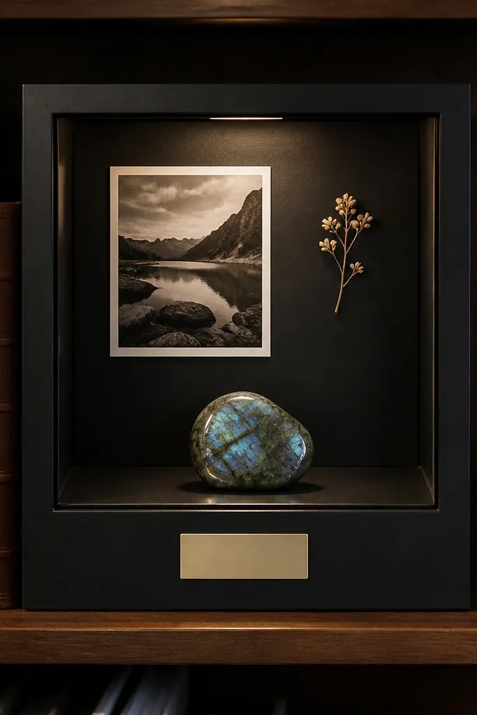 Small shadowbox with one labeled object, cutout, and matte background.