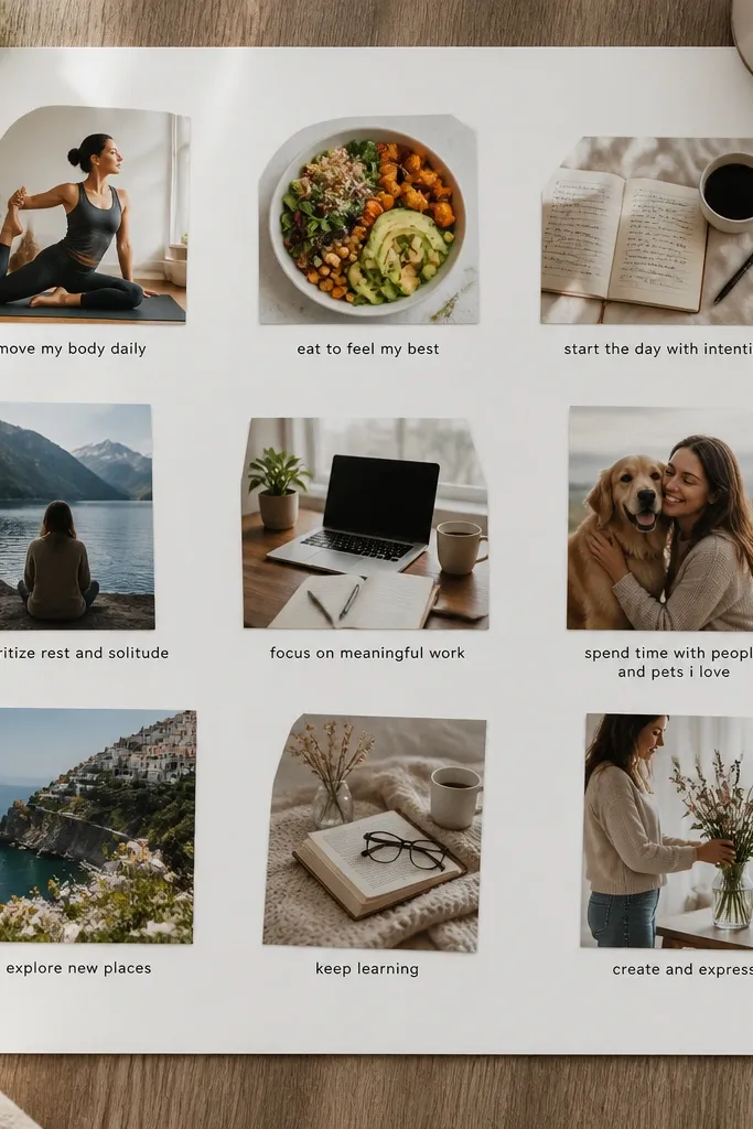 Magazine collage with clean margins and one-line next action captions under each image.