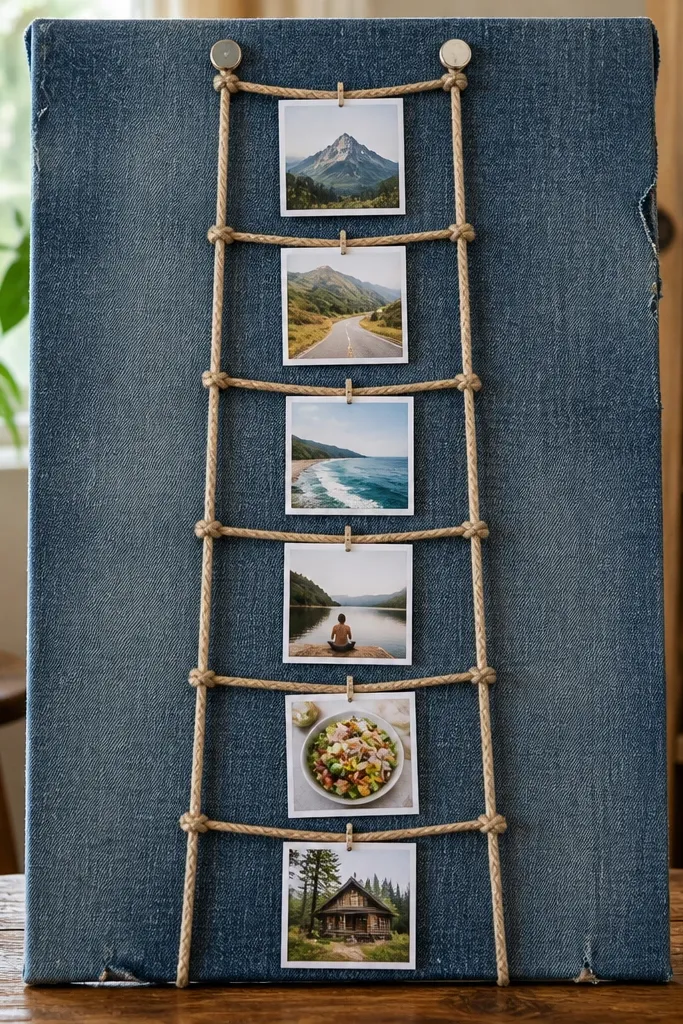 Denim fabric ladder with twine rungs and small pinned cards for each step.