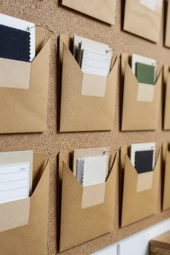Kraft paper envelopes arranged on a board with labels and small cutouts.