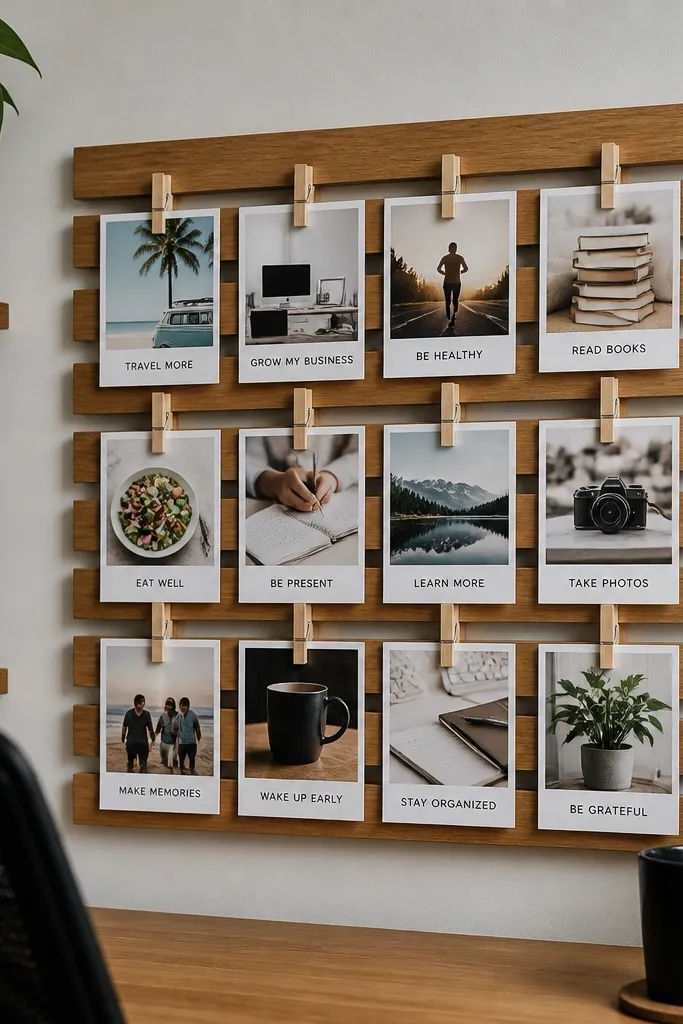 Wood slat board with clothespins holding photos and labels in a neat row.